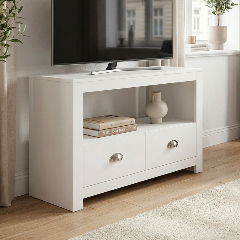 TV Lowboard Weiß 85 cm mit zwei Schubladen für Ecklösung im Wohnzimmer