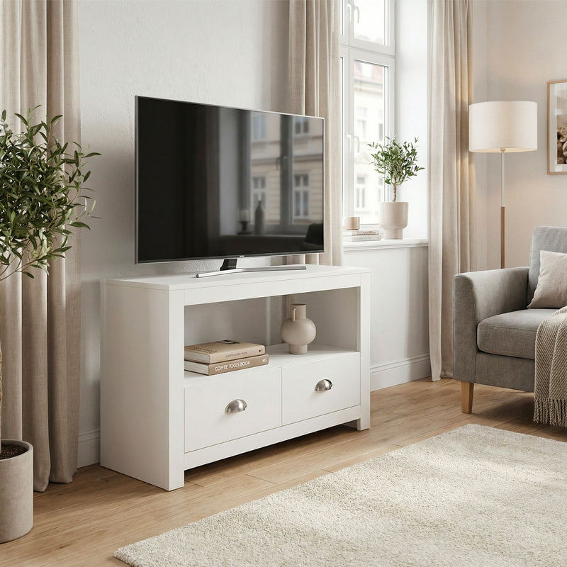 TV Lowboard Weiß 85 cm mit zwei Schubladen für Ecklösung im Wohnzimmer