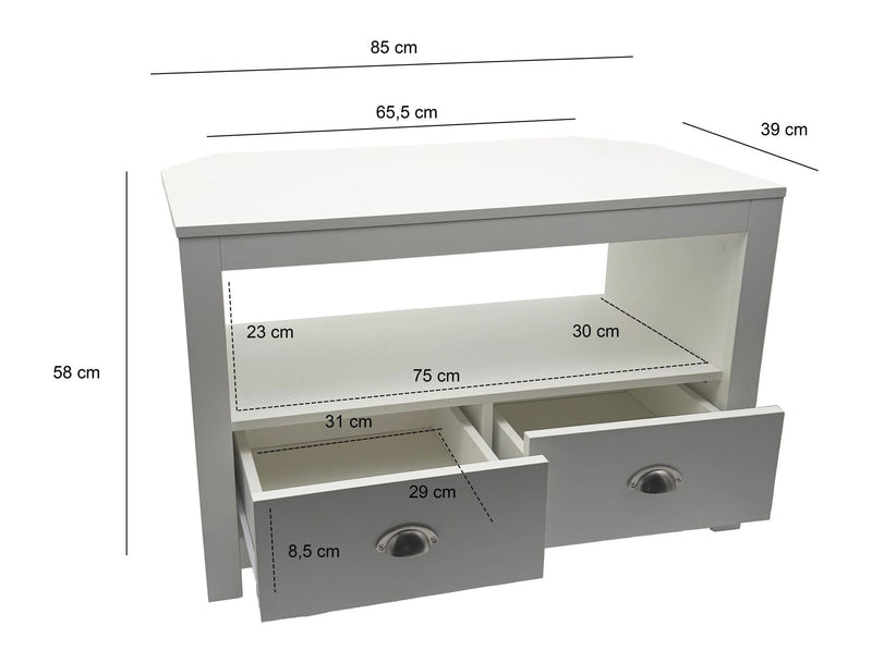 TV Lowboard Weiß 85 cm mit zwei Schubladen für Ecklösung im Wohnzimmer