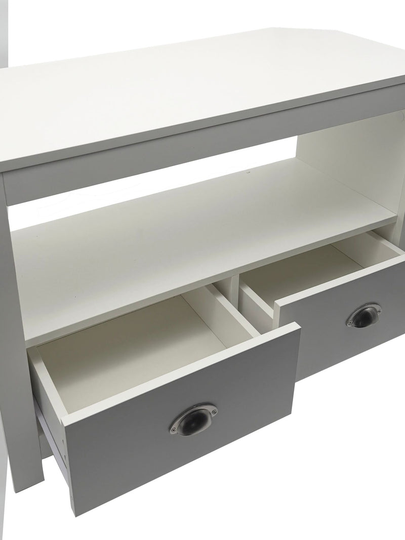TV Lowboard Weiß 85 cm mit zwei Schubladen für Ecklösung im Wohnzimmer