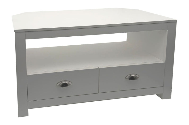 TV Lowboard Weiß 85 cm mit zwei Schubladen für Ecklösung im Wohnzimmer