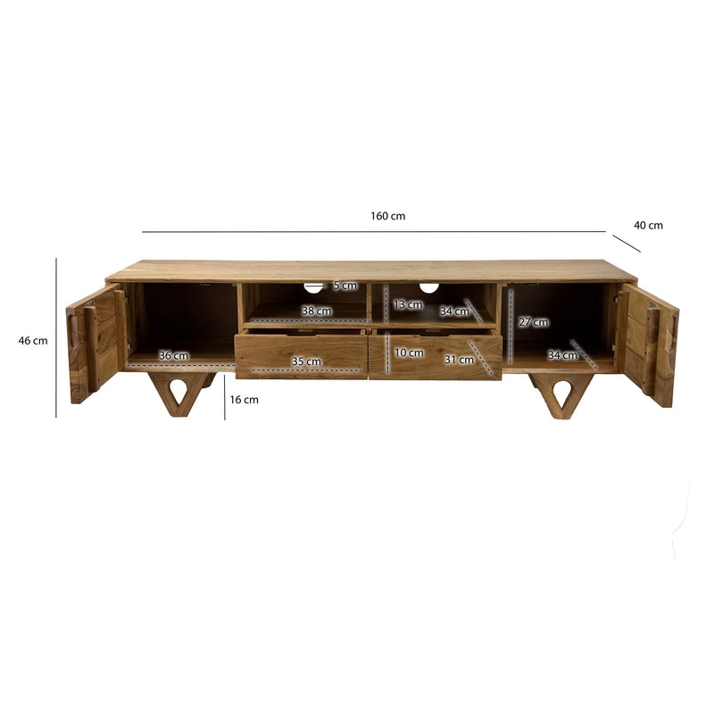Lowboard Akazie Massivholz 160 cm TV-Board mit Türen & Schubladen
