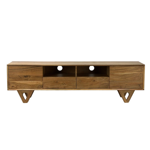 Lowboard Akazie Massivholz 160 cm TV-Board mit Türen und Schubladen von vorne.