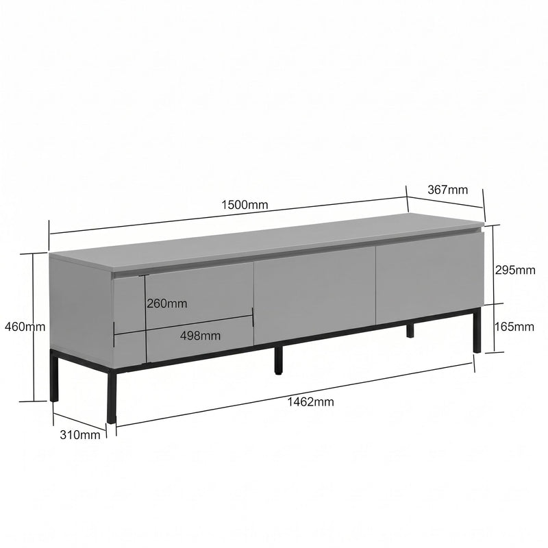 Lowboard 150cm Grau, 3 Schubladen, grifflos – Wohnling TV-Kommode