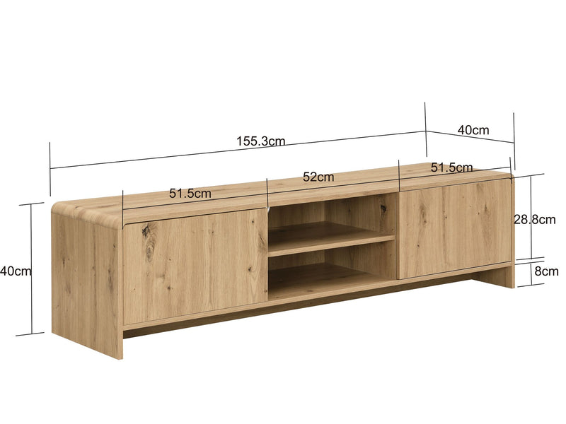 TV Lowboard Wohnling 155 cm in Eiche Dekor mit Push-to-Open-Türen