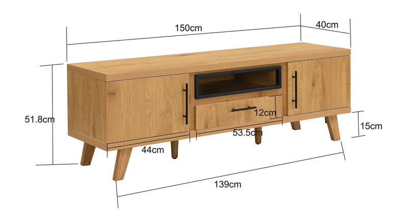 TV Lowboard Eiche Dekor 150 cm mit 2 Türen und Schublade, Wohnling