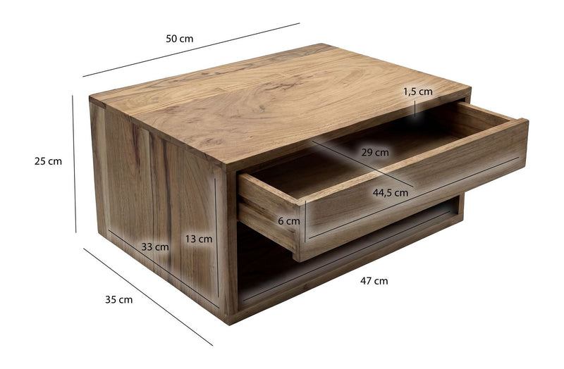 Wandnachttisch Akazie Massivholz mit Schublade & Ablagefach, Braun