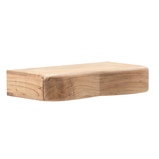 Nachtkonsole Akazie Massivholz mit Schublade, Wand-Nachttisch in Gesamtansicht von der Seite mit geschwungener Holzform.