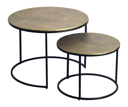 Wohnling Satztisch 2er Set rund in Gold mit gestaffelten Tischen, goldenen Aluminiumplatten und schwarzen Eisengestellen.