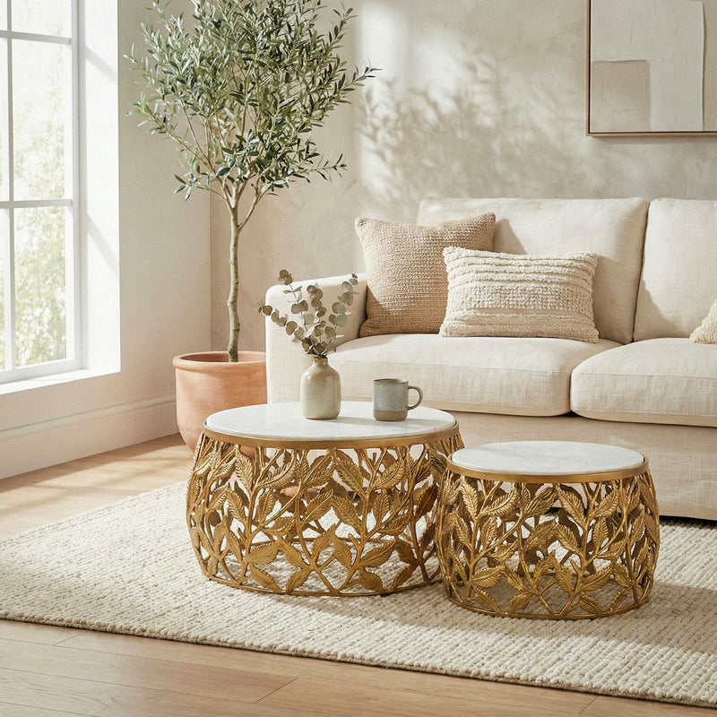 Satztische 2er-Set Gold mit Marmor-Tischplatten, Wohnling Alu-Gestell