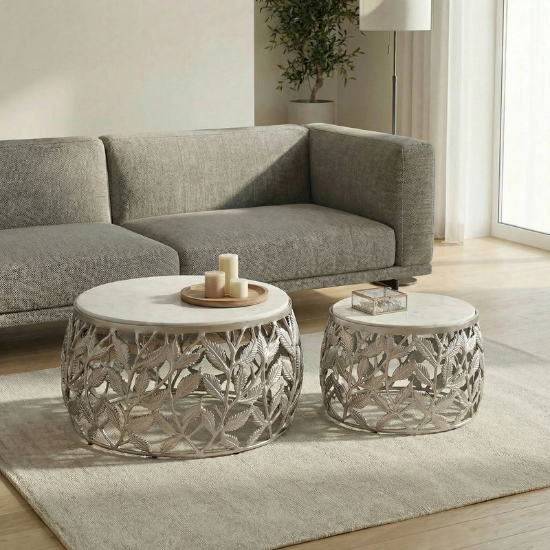 Satztisch 2er Set mit Marmor-Tischplatten und Alu-Gestell Silbern