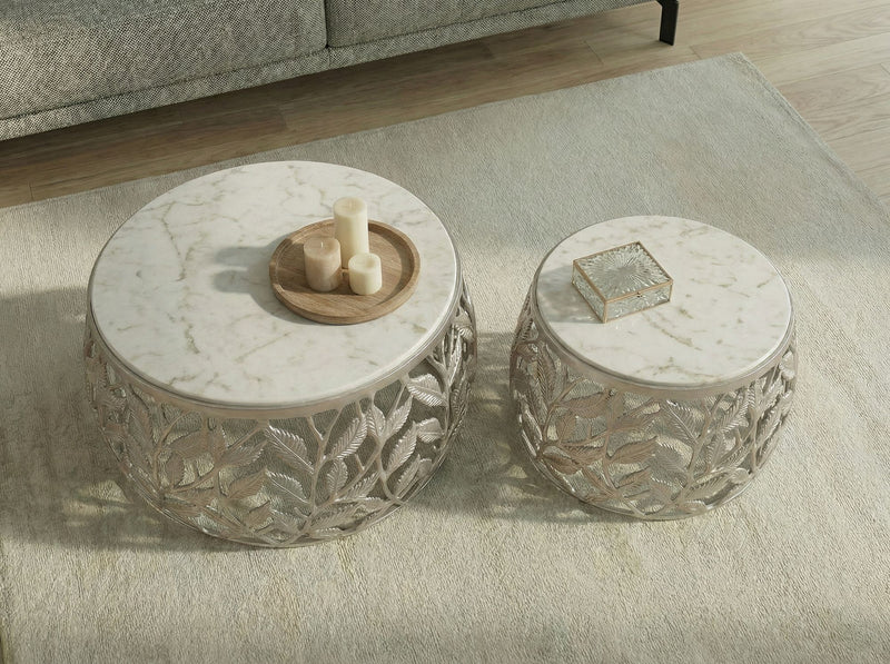 Satztisch 2er Set mit Marmor-Tischplatten und Alu-Gestell Silbern