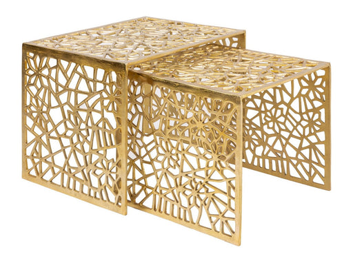 Satztisch-Set Aluminium Gold, 2-teilig mit verschachtelten Tischen und durchbrochenen Seitenwänden in Gesamtansicht.