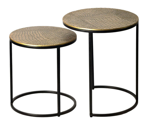 Satztisch Metall 2er Set Gold, Gesamtansicht zweier runder Beistelltische mit goldenen Platten und schwarzem Gestell.