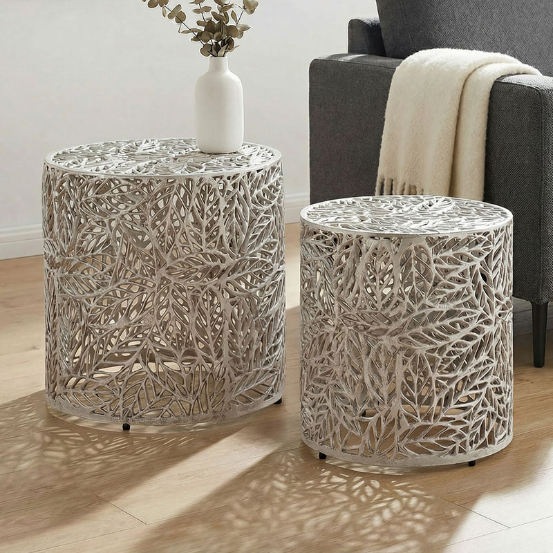 Satztisch Aluminium 2er-Set in Silber mit Blattmuster von Wohnling
