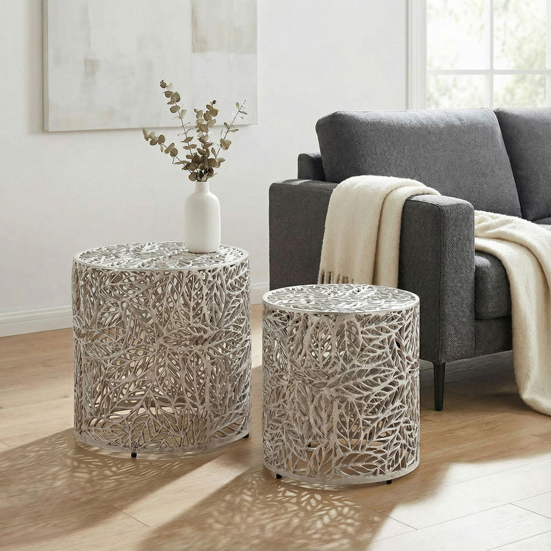 Satztisch Aluminium 2er-Set in Silber mit Blattmuster von Wohnling