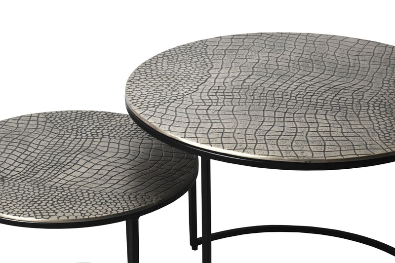Satztisch 2er-Set rund Silber mit gemusterten Aluminium-Tischplatten
