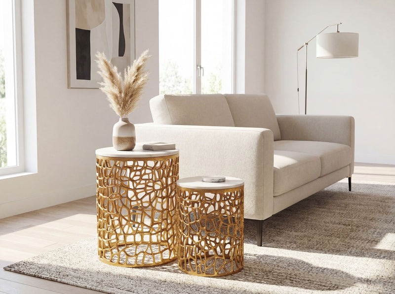 Satztisch 2er Set Gold mit Marmor-Tischplatte, rundes Alugestell