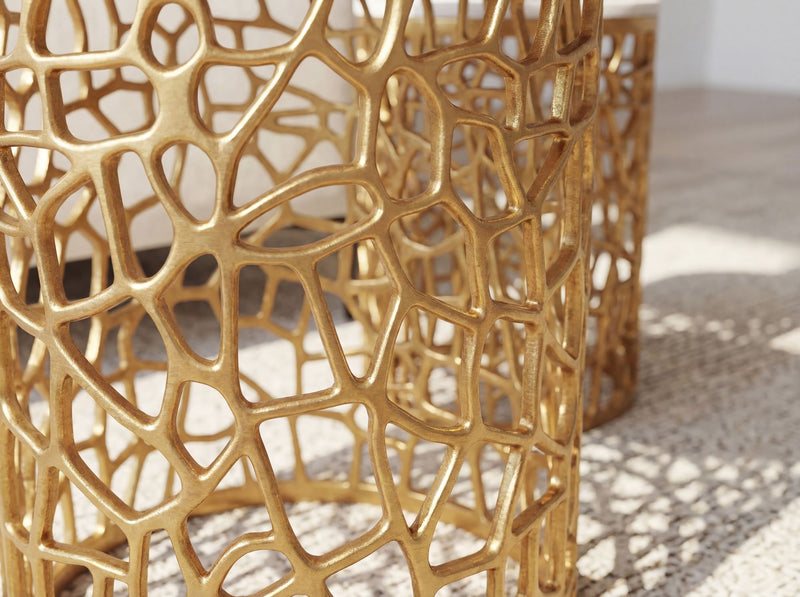 Satztisch 2er Set Gold mit Marmor-Tischplatte, rundes Alugestell