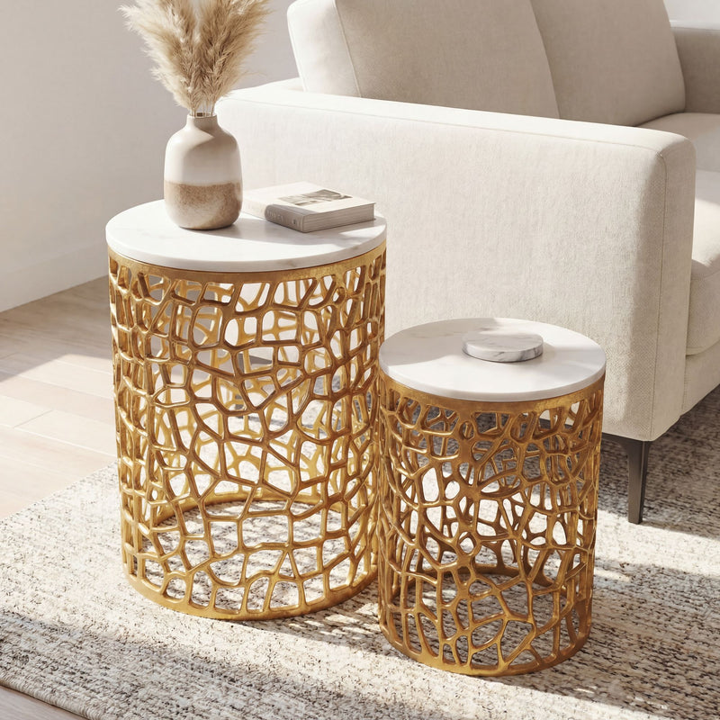Satztisch 2er Set Gold mit Marmor-Tischplatte, rundes Alugestell