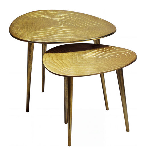 Gesamtansicht der beiden Satztische mit tropfenförmigen Aluminium-Tischplatten in Gold und geschwungenen Beinen.