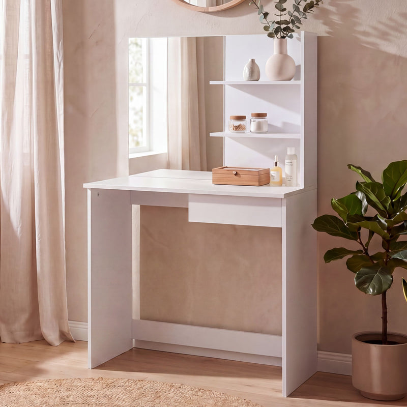 Schminktisch Wohnling 75 cm Weiß mit Spiegel, Regal und Schublade