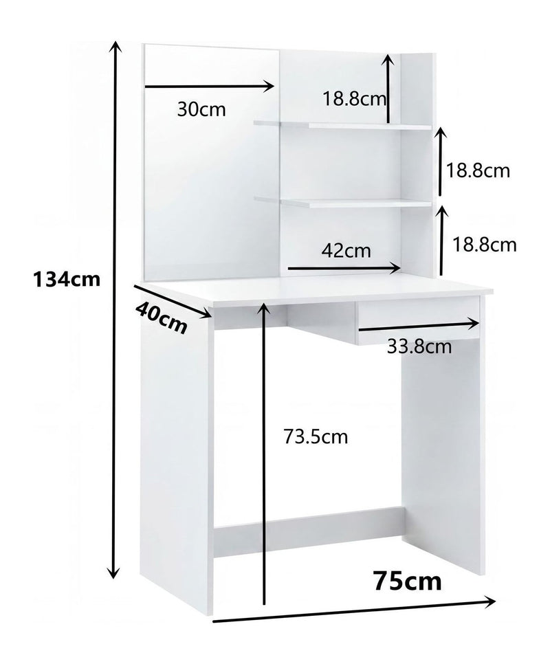 Schminktisch Wohnling 75 cm Weiß mit Spiegel, Regal und Schublade