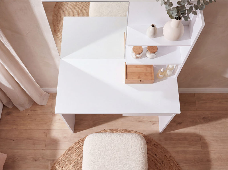 Schminktisch Wohnling 75 cm Weiß mit Spiegel, Regal und Schublade