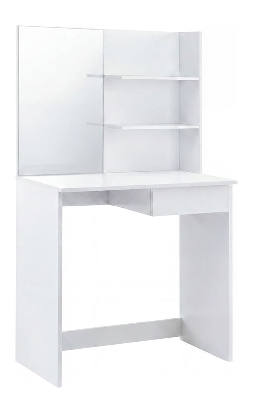 Schminktisch Wohnling 75 cm Weiß mit integriertem Spiegel, zwei Ablagefächern und Schublade in Gesamtansicht.