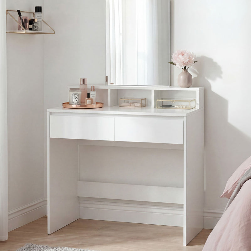 Schminktisch Weiß 80 cm mit Spiegel und Regal im Schlafzimmer-Design