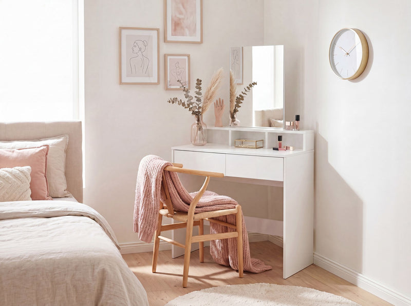 Schminktisch Weiß 80 cm mit Spiegel und Regal im Schlafzimmer-Design
