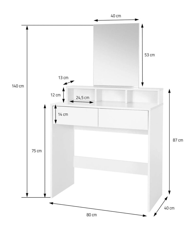 Schminktisch Weiß 80 cm mit Spiegel und Regal im Schlafzimmer-Design