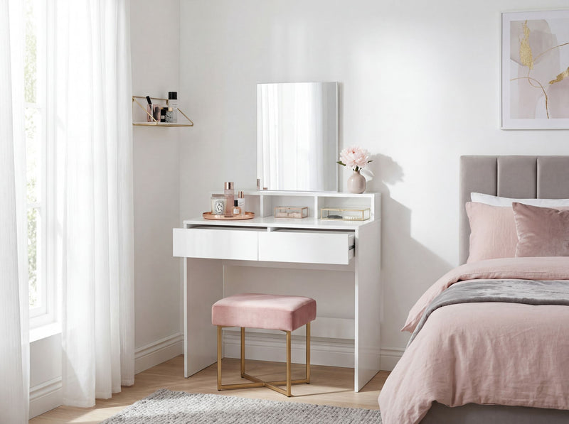 Schminktisch Weiß 80 cm mit Spiegel und Regal im Schlafzimmer-Design
