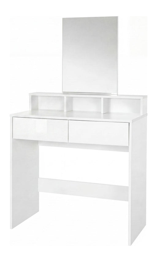 Schminktisch Weiß 80 cm mit Spiegel und Regal in Gesamtansicht von vorn mit zwei Schubladen und offenem Regalfach.