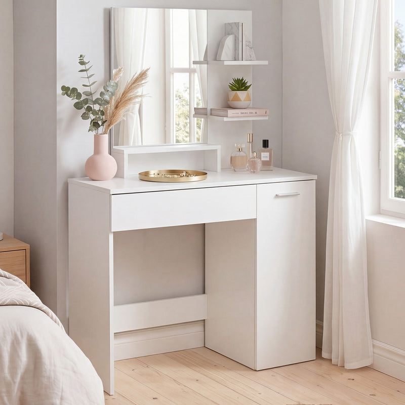 Schminktisch 90 cm Weiß groß mit Spiegel, Regal, Schublade und Tür