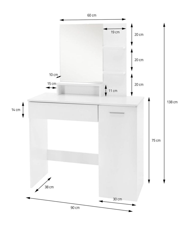 Schminktisch 90 cm Weiß groß mit Spiegel, Regal, Schublade und Tür