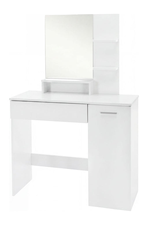 Schminktisch 90 cm Weiß groß mit Spiegel, Regal, Schublade und Tür in Gesamtansicht von vorne.