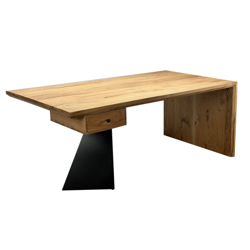 Schreibtisch Akazie Massivholz 180x90 cm mit Schublade und schwarzem Metallgestell, Gesamtansicht.