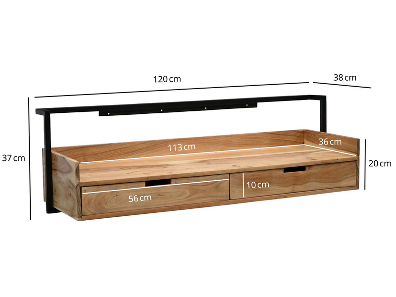 Wandschreibtisch Akazie Massivholz im Industrial-Design, 2 Schubladen