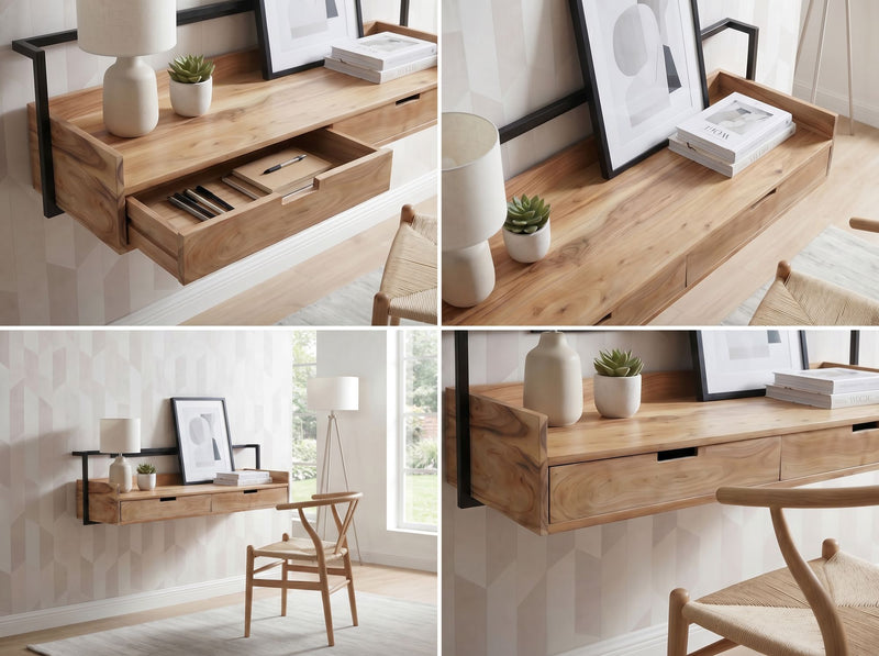 Wandschreibtisch Akazie Massivholz im Industrial-Design, 2 Schubladen