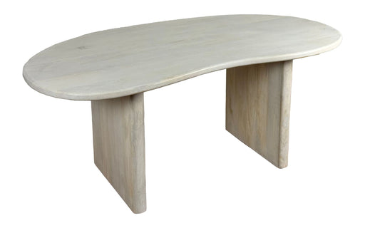 Schreibtisch Nierenform 180x90 cm in Mango Massivholz Weiß mit oval-geschwungener Platte in Gesamtansicht.