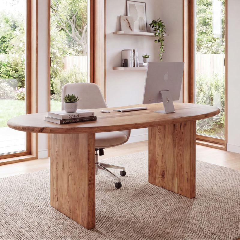 Schreibtisch Akazie Massivholz 180x90 cm Nierenform Retro Homeoffice