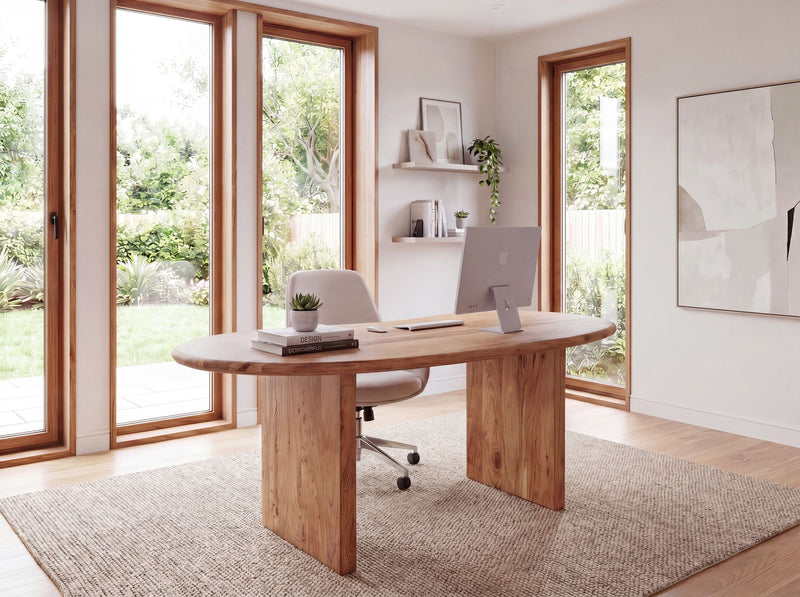 Schreibtisch Akazie Massivholz 180x90 cm Nierenform Retro Homeoffice