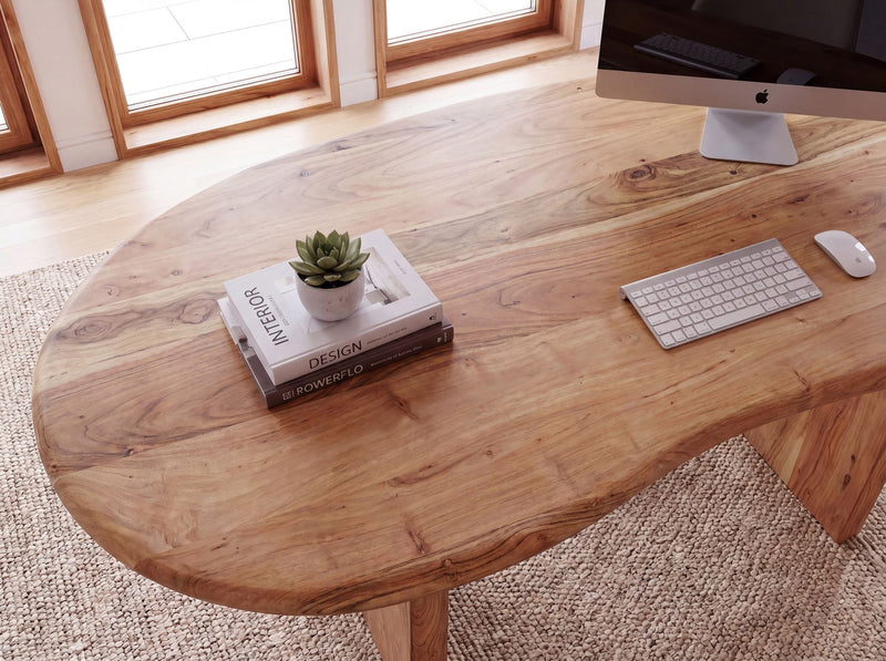 Schreibtisch Akazie Massivholz 180x90 cm Nierenform Retro Homeoffice