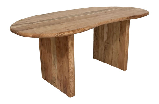 Schreibtisch Akazie Massivholz 180x90 cm Nierenform mit ovaler Tischplatte und zwei massiven Holzbeinen in Gesamtansicht.