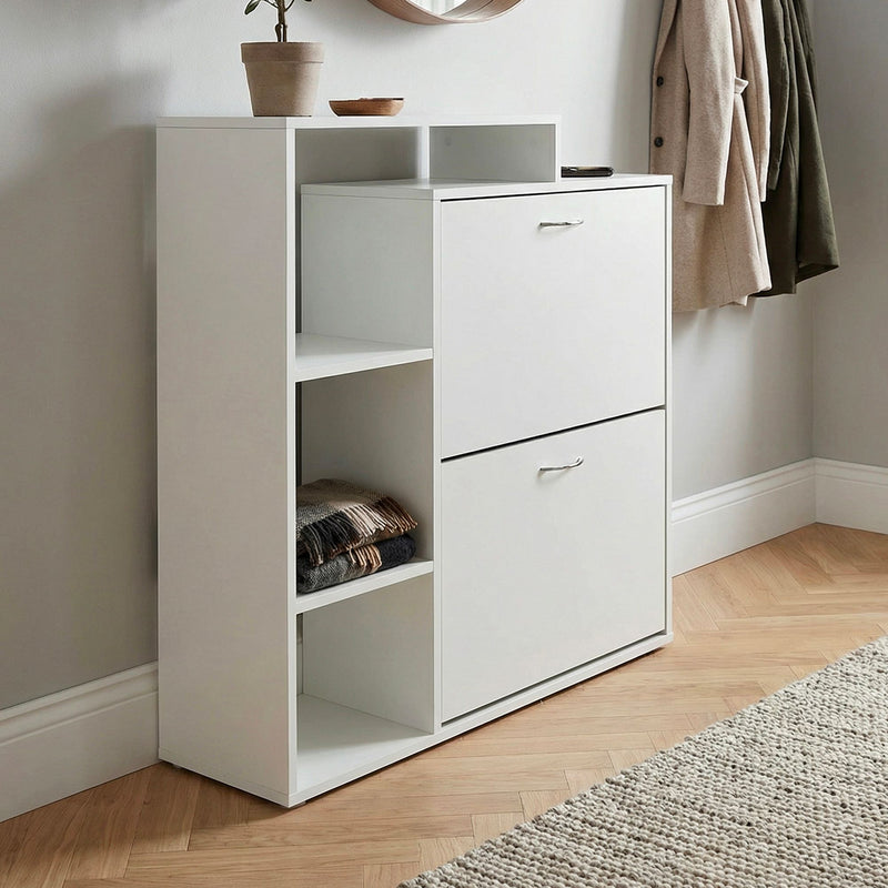 Schuhschrank Wohnling 85 cm in Weiß mit 2 Klappfächern und Ablage