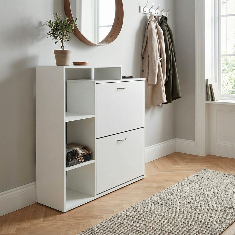 Schuhschrank Wohnling 85 cm in Weiß mit 2 Klappfächern und Ablage