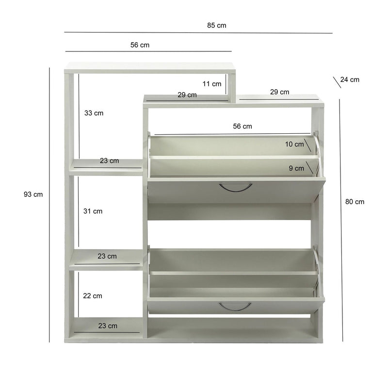 Schuhschrank Wohnling 85 cm in Weiß mit 2 Klappfächern und Ablage