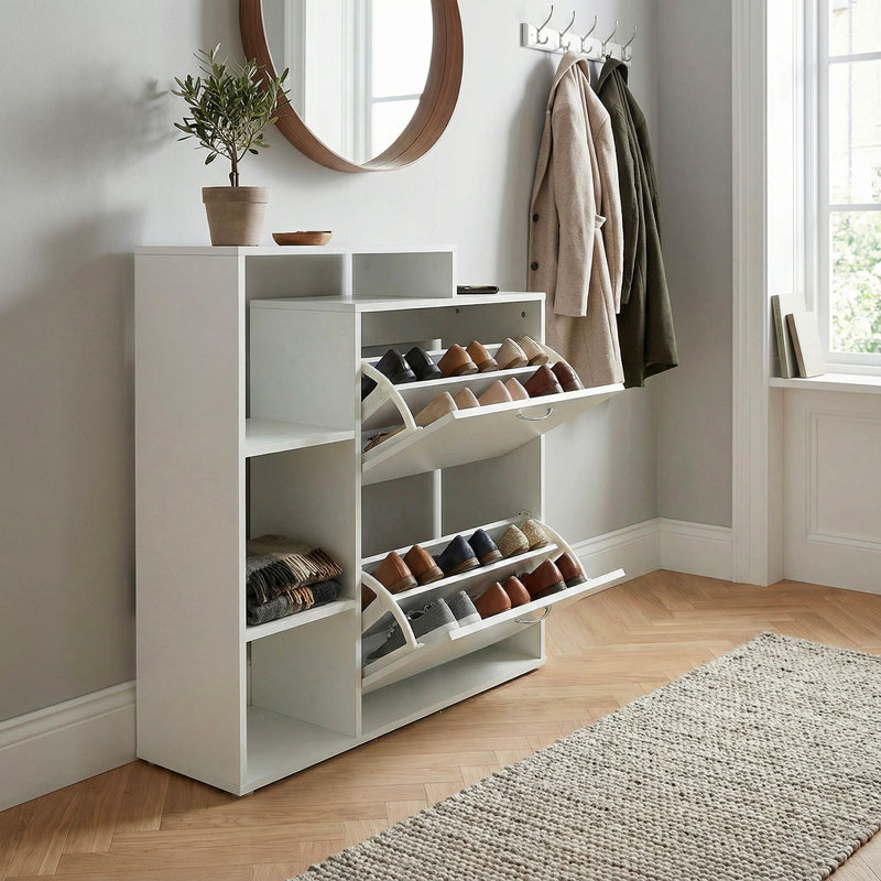 Schuhschrank Wohnling 85 cm in Weiß mit 2 Klappfächern und Ablage