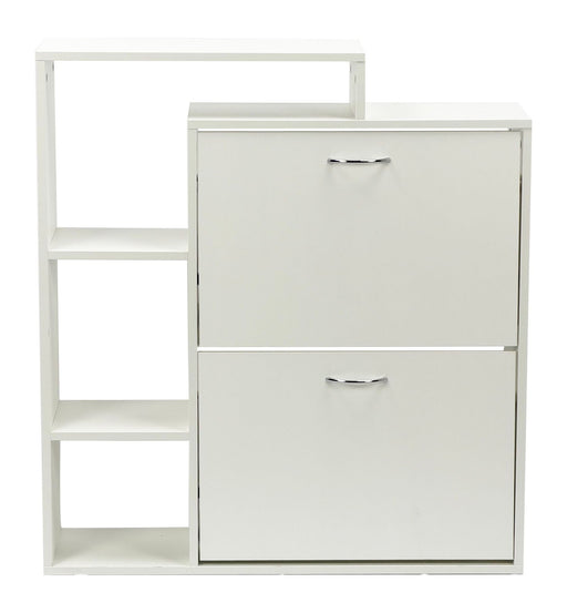 Schuhschrank Wohnling 85 cm in Weiß mit zwei Klappfächern und offenen Ablagefächern, Gesamtansicht von vorne.